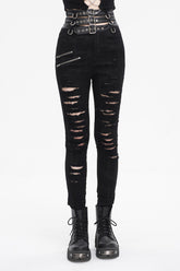 Pantalon punk noir taille haute avec boucle déchirée pour femme